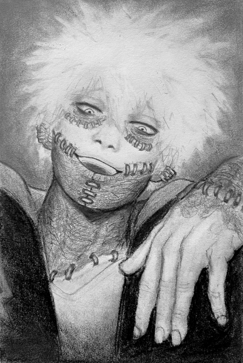 A pencil drawing of Dabi from My Hero Academia. He has white hair and pale skin, and wears a lazy smile as he looks down at the camera. Most of his skin is wrinkly and burnt, held together at the edges by metal staples. His left hand rests leisurely near the edge of the frame. He wears a black coat with a large upturned collar, and a white t-shirt.