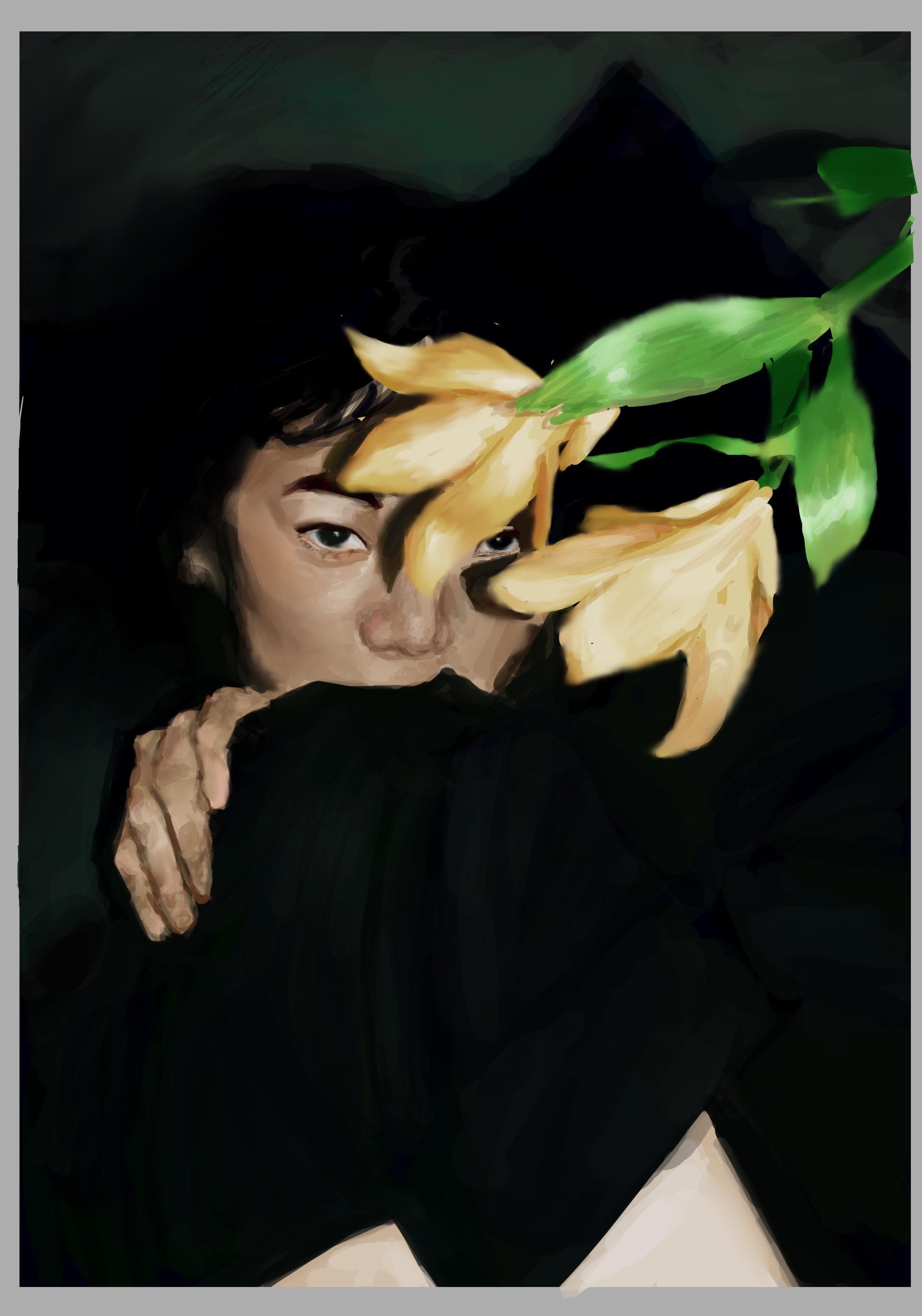 A digital painting of a girl and some flowers. She wears all black, and sits with her knees pulled up to cover the bottom half of her face. One of her hands is visible on her right. Yellow flowers from her left cover some of her face. The lighting is very stark, with bright white highlights and dark formless shadows. The painting style is mostly realistic, with visible brushstrokes at a closer glance