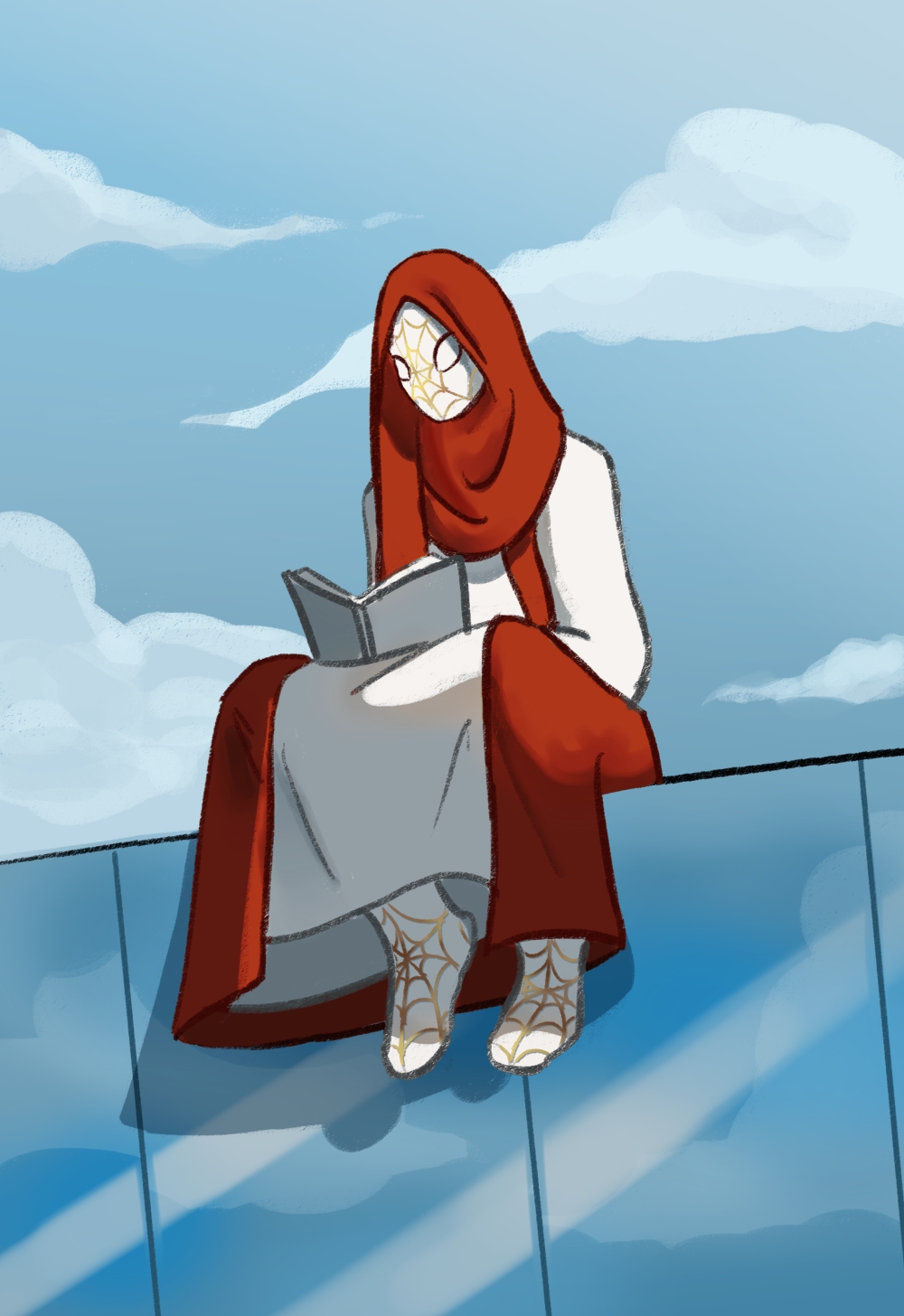 A digital painting of a hijabi spiderman sitting on top of a building and reading a book. She wears a red headscarf, a white dress and a red coat. Her face and feet are covered by her spider-suit, which is white with gold webs. The building she sits on the edge of is mostly glass, and the sky behind her is partially cloudy. The mood of the image on a whole is calm.